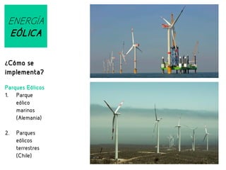 ENERGÍA
EÓLICA
¿Cómo se

implementa?
Parques Eólicos
1. Parque
eólico
marinos
(Alemania)
2.

Parques
eólicos
terrestres
(Chile)

 