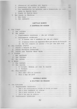6.

O fereceu-se em sacrifício pelo E spírito ................................................
R essuscitado pelo poder do E sp irito ....................................................
D eu m an d a m e n to s aos apóstolos, após a R essurreição, por ln tri
m édio do E sp irito S an to ...............................................................
9. D oador do E sp írito S a n to ...........................................................................
Em relação à s E scritu ra s ....................................................................................
1. Seu A utor ..................................................................................................... ..
2. Seu in té rp re te .................................................................................................
7.
8.

V.

1(1
11
MI
H
ao»
'■ lll
K
ao»
m
aos

CAPITULO QUINTO
A DOUTRINA DO HOMEM

S u a Criação ...........................................................................................................................
I . Sua realid ad e ...........................................................................................................
I I . Seu m étodo ................................................................................................................
1. N egativ am en te considerado — n ão p o r evolução ..............................
2.

P o sitiv am en te considerado ...........................................................................
( 1 ) O hom em veio à existência p o r u m a to criad o r ..................

(2 ) O hom em recebeu um organism o físico por u m a to de form ação
(3) Foi feito com pleto se r pessoal e vivo p o r u m a ação fin al ..
Sua Condição O riginal ...................................................................................................
I.
Possuía a Im agem de Deus ..............................................................................
I I . Possuía F aculdades In te lectu ais .........................................................................
I I I . Possuía u m a N atureza M oral S a n ta ...............................................................
A Provação ...........................................................................................................................
I . Seu significado .........................................................................................................
I I . Sua realid ad e ...........................................................................................................
I I I . Seu período ...............................................................................................................
A Queda .................................................................................................................................
I . S u a realid ad e .............................................................................................................
I I . S ua m a n e ira .............................................................................................................
1. O T en tad o r: S atan ás, por meio da serp en te .....................................
2. A T en tação .......................................................................................................
I I I . S eus resultad o s .............................................................................................................
1. P a ra A dão e Eva em p a r t i c u l a r ...................................................................
2. P a ra a ra ç a em g eral ...................................................................................

205
206
206
205
207
207
207
207
207
207
209
210
210
210
210

211
211

211
212
212

212

213
213
213

CAPITULO SEXTO
A DOUTRINA DO PECADO

Seu Signijicaao .....................................................................................................................
I.
N egativam ente considerado ................................................................................
1. N ão é um acontecim ento fo rtu ito ou devido ao acaso ......................
2. N ão é m era debilidade da c ria tu ra ..........................................................
3. N ão é m era ausência do bem .....................................................................
4. N áo é um bem d a in fâ n c ia ..........................................................................
I I . P ositivam ente considerado ...................................................................................

XV

218
218
218
218
219
219
219

 