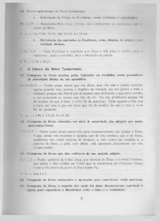 I

Prova suplementar do Novo Testamento
11

.

Referência de Cristo às Escrituras, como existentes e mitmlfuilti».

Mi 22.29 — Rcspondcu-lhcs Jesus: Errais, não conhecendo as Escrlturns m in n
poder de Deus.
V

A. — Jo 5.39; 10.35; Mt 23.35; Lc 24.44.
b.

'

Referência dos apóstolos às Escrituras, como dotadas de oriürm v tm
toridade divinas.

Pm 3.16 — Toda Escritura é inspirada por Deus e útil para oensino,
reprcensãc, para a correção, para a educação na justiça.

para .i

V I — 2 Pe 1.20,21.

V

O Cânon do Novo Testamento.

111 <dniposto de livros escritos pelos Apóstolos ou recebidos como possuidores
de autoridade divina na era apostólica.
In 16.12-15 — Tenho ainda muito que vos dizer, mas vós não o podeis suportar
agora; quando vier, porém, o Espírito da verdade, ele vos guiará a toda a
verdade; porque não falará por si mesmo, mas dirá tudo o que tiver ouvido,
e vos anunciará as cousas que hão de vir. Ele me glorificará porque há
de receber do que é meu, e vo-lo há de anunciar. Tudo quanto o Pai tem
é meu; por isso é que vos disse que há de receber do que é meu e vo-lo
há de anunciar.
V. A. — 2 Pe 3.15,16; Jo 14.26.
(2)

Composto de livros colocados em nível de autoridade não atingido por quais­
quer outros livros.

I I s 2.13 — Outra razão ainda temos nós para incessantemente dar graças a Deus:
é que, tendo vós recebido a palavra que de nós ouvistes, que é de Deus,
acolhestes não como palavra de homens, e, sim, como em verdade é, a
palavra de Deus, a qual, com efeito, está operando eficazmente cm vós,
cs que credes.
(3)

Composto de livros que dão evidência de sua própria origem.

< I I . 1,2 — Paulo, apóstolo de Cristo Jesus, por vontade de Deus, e o irmão Timóteo,
aos santos e fiéis irmãos em Cristo que se encontram em Colossos: Graça
e paz a vós outros da parte de Deus nosso Pai.
V. A. — Rm 1.1,7.
1

4)

(5)

Composto de livros endossados

e aprovados pela consciência cristã universal.

Composto de livros a respeito dos quais foi dado discernimento espiritual à
Igreja para capacitá-la a discriminar entre o falso e o veidadeiro.

5

 
