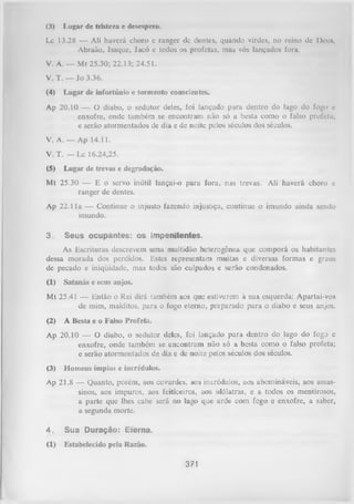 (3)

Lugar de tristeza e desespero.

Lc 13.28 — Ali haverá choro e ranger de dentes, quando virdes, no reino de Duui,
Abraão, Isaque, Jacó e todos os profetas, mas vós lançados fora.
V. A. — Mt 25.30; 22.13; 24.51.
V. T. — Jo 3.36.
(4)

Lugar de infortúnio e tormento conscientes.

Ap 20.10 — O diabo, o sedutor deles, foi lançado para dentro do lago do fogo c
enxofre, onde também se encontram não só a besta como o falso profeta;
e serão atormentados de dia e de noite pelos séculos dos séculos.
V. A. — Ap 14.11.
V. T. — Lc 16.24,25.
(5)

Lugar de trevas e degradação.

M t 25.30 — E o servo inútil lançai-o para fora, nas trevas. Ali haverá choro e
ranger de dentes.
Ap 22.11a — Continue o injusto fazendo injustiça, continue o imundo ainda sendo
imundo.
3.

Seus ocupantes: os impenitentes.

As Escrituras descrevem uma multidão heterogênea que comporá os habitantes
dessa morada dos perdidos. Estes representam muitas e diversas formas e graus
de pecado e iniqüidade, mas todos são culpados e serão condenados.
(1)

Satanás e seus anjos.

M t 25.41 — Então o Rei dirá também aos que estiverem à sua esquerda: Apartai-vos
de mim, malditos, para o fogo eterno, preparado para o diabo e seus anjos.
(2)

A Besta e o Falso Profeta.

Ap 20.10 — O diabo, o sedutor deles, foi lançado para dentro do lago do fogo e
enxofre, onde também se encontram não só a besta como o falso profeta;
e serão atormentados de dia e de noite pelos séculos dos séculos.
(3)

Homens ímpios e incrédulos.

Ap 21.8 — Quanto, porém, aos covardes, aos incrédulos, aos abomináveis, aos assas­
sinos, aos impuros, aos feiticeiros, aos idólatras, e a todos os mentirosos,
a parte que lhes cabe será no lago que arde com fogo e enxofre, a saber,
a segunda morte.
4.

Sua Duração: Eterna.

(1)

Estabelecido pela Razão.

371

 