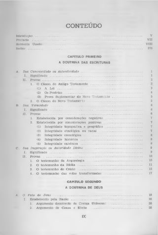 CONTEÚDO
Inlrodu;& o .......................................................................................................................................
P refacio ...........................................................................................................................................
Hlmbolos Usado,; .........................................................................................................................
índice .................................................................................................................................................

V
V II
V III
37B

CAPITULO PRIMEIRO
A DOUTRINA DAS ESCRITURAS

A.

B.

C.

Sua C anonicidade ou A u ten ticid a d e ...............................................................................
I . Significado ......................................................................................................................
I I . P r o v a s ................................................................................................................................
1. O C anon do A ntigo T estam en to .................................................................
(1) A Lei ...........................................................................................................
(2) Os P r o f e t a s ...................................................................................................
(3) Prova S u p lem en tar do Novo T estam en to ........................................
2. O C anon do Novo T e s ta m e rta .....................................................................
Sua Veracidade ...................................................................................................................
I . Significado ......................................................................................................................
I I . P rovas ..............................................................................................................................
1. E stabelecida por considerações negativas ...............................................
2. E stabelecida p o r considerações positivas ................................................
(1) In te g rid a d e to p o g ráfica e geográfica .................................................
(2) In teg rid a d e etnológica ou racial .......................................................
(3) In te g rid a d e cronológica .........................................................................
(4) in te g rid a d e h istó rica ...............................................................................
(5) In te g rid a d e can ô n ic a ..............................................................................
Sua Inspiração ou A utoridade Divirui ...........................................................................
í . Significado ......................................................................................................................
I I . P rovas ..............................................................................................................................
1. O testem u n h o da
Arqueologia .............................................................
2. O testem u n h o d a
B íblia .........................................................................
3. O testem u n h o de
C risto .........................................................................
4. O testem u n h o d a s vidas tra n sfo rm a d a s ...............................................

1
1
2
3
4
5
5
6
6
6

7
7
7
7
8
8
8

9
9
10

10
11
15
17

CAPITULO SEGUNDO
A DOUTRINA DE DEUS

A.

O Fato de Deus ...............................................................................................................
I . Estabelecido p ela R azão ..........................................................................................
1. A rgum ento decorrente da C rença U niversal ...........................................
2. A rgum ento de C ausa e E feito ................................................................

IX

19
20
20
20

 