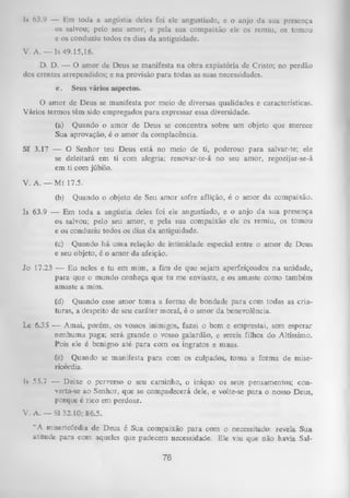 l.s 63.9 — Em toda a angústia deles foi ele angustiado, e o anjo da sua presença
os salvou; pelo seu amor, e pela sua compaixão ele os remiu, os tomou
e os conduziu todos os dias da antiguidade.
V. A . — Is 49.15,16.
D. D. — O amor de Deus se manifesta na obra expiatória de Cristo; no perdão
dos crentes arrependidos; e na provisão para todas as suas necessidades.
e.

Seus vários aspectos.

O amor de Deus se manifesta por meio de diversas qualidades e características.
Vários termos têm sido empregados para expressar essa diversidade.
(a) Quando o amor de Deus se concentra sobre um objeto que merece
Sua aprovação, é o amor da complacência.
Sf 3.17 — O Senhor teu Deus está no meio de ti, poderoso para salvar-te; ele
se deleitará em ti com alegria; renovar-te-á no seu amor, regozijar-se-á
em ti com júbilo.
V. A. — Mt 17.5.
(b)

Quando o objeto de Seu amor sofre aflição, é o amor da compaixão.

Is 63.9 — Em toda a angústia deles foi ele angustiado, e o anjo da sua presença
os salvou; pelo seu amor, e pela sua compaixão ele os remiu, os tomou
e os conduziu todos os dias da antiguidade.
(c) Quando há uma relação de intimidade especial entre o amor de
e seu objeto, é o amor da afeição.

Deus

Jo 17.23 — Eu neles e tu em mim, a fim de que sejam aperfeiçoados na unidade,
para que o mundo conheça que tu me enviaste, e os amaste como também
amaste a mim.
(d) Quando esse amor tom a a forma de bondade para com todas as cria­
turas, a despeito de seu caráter moral, é o amor da benevolência.
Lc 6.35 — Amai, porém, os vossos inimigos, fazei o bem e emprestai, sem esperar
nenhuma paga; será grande o vosso galardão, e sereis filhos do Altíssimo.
Pois ele é benigno até para com os ingratos e maus.
(e) Quando se manifesta para com os culpados, toma a forma de mise­
ricórdia.
Is 55.7 — Deixe o perverso o seu caminho, o iniquo os seus pensamentos; con­
verta-se ao Senhor, que se compadecerá dele, e volte-se para o nosso Deus,
porque é rico em perdoar.
V. A. — SI 32.10; 86.5.
*'A misericórdia de Deus é Sua compaixão paia com o necessitado; revela Sua
atitude para com aqueles que padecem necessidade. Ele viu que não havia Sal-

76

 
