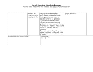 Escuela Normal de Atizapán de Zaragoza
“Formar para transformar con calidad, calidez y compromiso social”

minutos de
calentamiento
y estiramiento.

Observaciones y sugerencias:

juego y explicare las reglas.
Marcare los equipos de juego.
(el juego consiste en que los
equipos tendrán un globo de
agua, sentados en el piso a
manera de cebollita pasan el
globo de atrás para delate hasta
llevarlo a una línea de meta, y una
modificación será hacerlo
parado).
Daré las hojas de las pistas para
poder encontrar su material para
el juego.
Evaluación:
Participación

juego realizado.

 