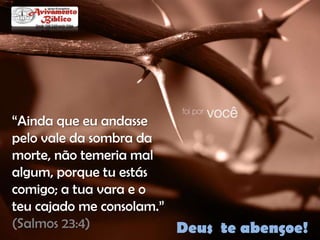 “Ainda que eu andasse
pelo vale da sombra da
morte, não temeria mal
algum, porque tu estás
comigo; a tua vara e o
teu cajado me consolam.”
(Salmos 23:4)
Deus te abençoe!

 