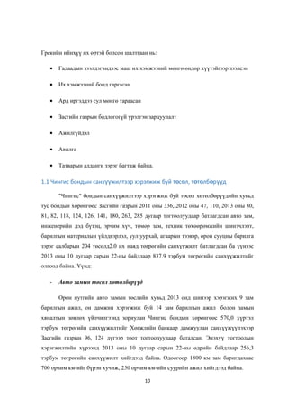 Грекийн ийнхүү их өртэй болсон шалтгаан нь:
• Гадаадын зээлдэгчидээс маш их хэмжээний мөнгө өндөр хүүтэйгээр зээлсэн
• Их хэмжээний бонд гаргасан
• Ард иргэддээ сул мөнгө тараасан
• Засгийн газрын бодлогогүй үрэлгэн зарцуулалт
• Ажилгүйдэл
• Авилга
• Татварын алданги зэрэг багтаж байна.
1.1 Чингис бондын санх жилтээр хэрэгжиж буй т с л, т т лб р дүү ө ө ө ө ө үү
"Чингис" бондын санхүүжилтээр хэрэгжиж буй төсөл хөтөлбөрүүдийн хувьд
тус бондын хөрөнгөөс Засгийн газрын 2011 оны 336, 2012 оны 47, 110, 2013 оны 80,
81, 82, 118, 124, 126, 141, 180, 263, 285 дугаар тогтоолуудаар батлагдсан авто зам,
инженерийн дэд бүтэц, эрчим хүч, төмөр зам, техник төхөөрөмжийн шинэчлэлт,
барилгын материалын үйлдвэрлэл, уул уурхай, агаарын тээвэр, орон сууцны барилга
зэрэг салбарын 204 төсөлд2.0 их наяд төгрөгийн санхүүжилт батлагдсан ба үүнээс
2013 оны 10 дугаар сарын 22-ны байдлаар 837.9 тэрбум төгрөгийн санхүүжилтийг
олгоод байна. Үүнд:
- Авто замын төсөл хөтөлбөрүүд
Орон нутгийн авто замын төслийн хувьд 2013 онд шинээр хэрэгжих 9 зам
барилгын ажил, он дамжин хэрэгжиж буй 14 зам барилгын ажил болон замын
хяналтын зөвлөх үйлчилгээнд зориулан Чингис бондын хөрөнгөөс 570,0 хүртэл
тэрбум төгрөгийн санхүүжилтийг Хөгжлийн банкаар дамжуулан санхүүжүүлэхээр
Засгийн газрын 96, 124 дүгээр тоот тогтоолуудаар баталсан. Энэхүү тогтоолын
хэрэгжилтийн хүрээнд 2013 оны 10 дугаар сарын 22-ны өдрийн байдлаар 256,3
тэрбум төгрөгийн санхүүжилт хийгдээд байна. Одоогоор 1800 км зам баригдахаас
700 орчим км-ийг бүрэн хучиж, 250 орчим км-ийн суурийн ажил хийгдээд байна.
10
 