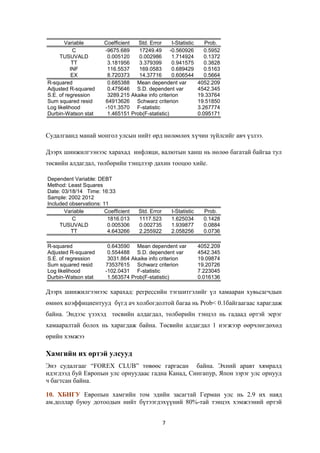 Variable Coefficient Std. Error t-Statistic Prob.
C -9675.689 17249.49 -0.560926 0.5952
TUSUVALD 0.005120 0.002986 1.714924 0.1372
TT 3.181956 3.379399 0.941575 0.3828
INF 116.5537 169.0583 0.689429 0.5163
EX 8.720373 14.37716 0.606544 0.5664
R-squared 0.685388 Mean dependent var 4052.209
Adjusted R-squared 0.475646 S.D. dependent var 4542.345
S.E. of regression 3289.215 Akaike info criterion 19.33764
Sum squared resid 64913626 Schwarz criterion 19.51850
Log likelihood -101.3570 F-statistic 3.267774
Durbin-Watson stat 1.465151 Prob(F-statistic) 0.095171
Судалгаанд манай монгол улсын нийт өрд нөлөөлөх хүчин зүйлсийг авч үзлээ.
Дээрх шинжилгээнээс харахад инфляци, валютын ханш нь нөлөө багатай байгаа тул
төсвийн алдагдал, төлбөрийн тэнцлээр дахин тооцоо хийе.
Dependent Variable: DEBT
Method: Least Squares
Date: 03/18/14 Time: 16:33
Sample: 2002 2012
Included observations: 11
Variable Coefficient Std. Error t-Statistic Prob.
C 1816.013 1117.523 1.625034 0.1428
TUSUVALD 0.005306 0.002735 1.939877 0.0884
TT 4.643266 2.255922 2.058256 0.0736
R-squared 0.643590 Mean dependent var 4052.209
Adjusted R-squared 0.554488 S.D. dependent var 4542.345
S.E. of regression 3031.864 Akaike info criterion 19.09874
Sum squared resid 73537615 Schwarz criterion 19.20726
Log likelihood -102.0431 F-statistic 7.223045
Durbin-Watson stat 1.563574 Prob(F-statistic) 0.016136
Дээрх шинжилгээнээс харахад: регрессийн тэгшитгэлийг үл хамааран хувьсагчдын
өмнөх коэффициентууд бүгд ач холбогдолтой багаа нь Prob< 0.1байгаагаас харагдаж
байна. Эндээс үзэхэд төсвийн алдагдал, төлбөрийн тэнцэл нь гадаад өртэй эерэг
хамааралтай болох нь харагдаж байна. Төсвийн алдагдал 1 нэгжээр өөрчлөгдөхөд
өрийн хэмжээ
Хамгийн их өртэй улсууд
Энэ судалгааг “FOREX CLUB” төвөөс гаргасан байна. Эхний аравт хямралд
идэгдээд буй Европын улс орнуудаас гадна Канад, Сингапур, Япон зэрэг улс орнууд
ч багтсан байна.
10. ХБНГУ Европын хамгийн том эдийн засагтай Герман улс нь 2.9 их наяд
ам.доллар буюу дотоодын нийт бүтээгдэхүүний 80%-тай тэнцэх хэмжээний өртэй
7
 