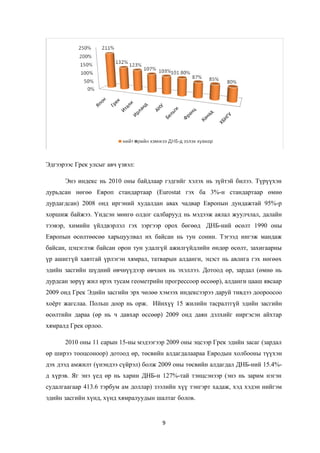 Эдгээрээс Грек улсыг авч үзвэл:
Энэ индекс нь 2010 оны байдлаар гэдгийг хэлэх нь зүйтэй билээ. Түрүүхэн
дурьдсан нөгөө Европ стандартаар (Eurostat гэх ба 3%-н стандартаар өмнө
дурдагдсан) 2008 онд иргэний худалдан авах чадвар Европын дундажтай 95%-р
хоршиж байжээ. Үндсэн мөнгө олдог салбарууд нь мэдээж аялал жуулчлал, далайн
тээвэр, химийн үйлдвэрлэл гэх зэргээр орох бөгөөд ДНБ-ний өсөлт 1990 оны
Европын өсөлтөөсөө харьцуулвал их байсан нь тун сонин. Тэгээд ингэж мандаж
байсан, цэцэглэж байсан орон тун удалгүй ажилгүйдлийн өндөр өсөлт, захигаарны
үр ашиггүй хавтгай үрлэгэн хямрал, татварын алданги, эцэст нь авлига гэх нөгөөх
эдийн засгийн шүдний өвчнүүдээр өвчлөх нь эхэллээ. Дотоод өр, зардал (өмнө нь
дурдсан зөрүү жил ирэх тусам геометрийн прогрессоор өссөөр), алданги цааш явсаар
2009 онд Грек Эдийн засгийн эрх чөлөө хэмээх индексээрээ даруй тивдээ доороосоо
хоёрт жагслаа. Польш доор нь орж. Ийнхүү 15 жилийн тасралтгүй эдийн засгийн
өсөлтийн дараа (өр нь ч давхар өссөөр) 2009 онд даян дэлхийг ниргэсэн айхтар
хямралд Грек орлоо.
2010 оны 11 сарын 15-ны мэдээгээр 2009 оны эцсээр Грек эдийн засаг (зардал
өр ширээ тооцсоноор) дотоод өр, төсвийн алдагдалаараа Евродын холбооны түүхэн
дэх дээд амжилт (үнэндээ сүйрэл) болж 2009 оны төсвийн алдагдал ДНБ-ний 15.4%-
д хүрэв. Яг энэ үед өр нь харин ДНБ-н 127%-тай тэнцсэнээр (энэ нь зарим нэгэн
судалгаагаар 413.6 тэрбум ам доллар) зээлийн хүү тэнгэрт хадаж, хэд хэдэн нийгэм
эдийн засгийн хүнд, хүнд хямралуудын шалтаг болов.
9
 