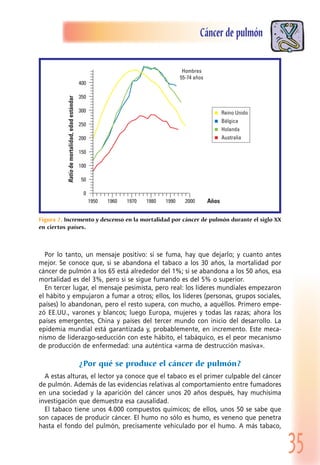 35
Cáncer de pulmón
Por lo tanto, un mensaje positivo: si se fuma, hay que dejarlo; y cuanto antes
mejor. Se conoce que, si se abandona el tabaco a los 30 años, la mortalidad por
cáncer de pulmón a los 65 está alrededor del 1%; si se abandona a los 50 años, esa
mortalidad es del 3%, pero si se sigue fumando es del 5% o superior.
En tercer lugar, el mensaje pesimista, pero real: los líderes mundiales empezaron
el hábito y empujaron a fumar a otros; ellos, los líderes (personas, grupos sociales,
países) lo abandonan, pero el resto supera, con mucho, a aquéllos. Primero empe-
zó EE.UU., varones y blancos; luego Europa, mujeres y todas las razas; ahora los
países emergentes, China y países del tercer mundo con inicio del desarrollo. La
epidemia mundial está garantizada y, probablemente, en incremento. Este meca-
nismo de liderazgo-seducción con este hábito, el tabáquico, es el peor mecanismo
de producción de enfermedad: una auténtica «arma de destrucción masiva».
¿Por qué se produce el cáncer de pulmón?
A estas alturas, el lector ya conoce que el tabaco es el primer culpable del cáncer
de pulmón. Además de las evidencias relativas al comportamiento entre fumadores
en una sociedad y la aparición del cáncer unos 20 años después, hay muchísima
investigación que demuestra esa causalidad.
El tabaco tiene unos 4.000 compuestos químicos; de ellos, unos 50 se sabe que
son capaces de producir cáncer. El humo no sólo es humo, es veneno que penetra
hasta el fondo del pulmón, precisamente vehiculado por el humo. A más tabaco,
��
�
�������������������� ����
���
���
���
���
���
���
���
�������
����������
����
����������������������������������
�����������
�������
�������
���������
Figura 2. Incremento y descenso en la mortalidad por cáncer de pulmón durante el siglo XX
en ciertos países.
 