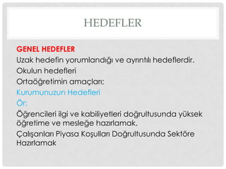 HEDEFLER
GENEL HEDEFLER
Uzak hedefin yorumlandığı ve ayrıntılı hedeflerdir.
Okulun hedefleri
Ortaöğretimin amaçları;
Kurumunuzun Hedefleri
Ör:
Öğrencileri ilgi ve kabiliyetleri doğrultusunda yüksek
öğretime ve mesleğe hazırlamak.
ÇalıĢanları Piyasa KoĢulları Doğrultusunda Sektöre
Hazırlamak
 
