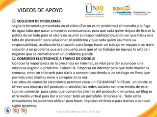 FI-GQ-GCMU-004-015 V. 001-17-04-2013
VIDEOS DE APOYO
 SOLUCION DE PROBLEMAS
según la historieta presentada en el video (Ese no es mi problema) el incendio y la fuga
de agua tubo que pasar a mayores consecuencias para que cada quien dejara de tirarse la
pelota de un lado para el otro y no asumir su responsabilidad dejando ver que había una
falta de planeación para solucionar el problema y que cada quien asumiera su
responsabilidad, analizando la situación para luego hacer un trabajo en equipo y así darle
solución a un problema que era pequeño pero que al no trabajar en equipo lo estaban
dejando que se convirtiera en un problema grande
 COMERCIO ELECTRONICO A TRAVEZ DE GOOGLE
Conocer la importancia de la presencia en Internet, es vital para dar a conocer una
empresa negocio o producto. Colocar la Empresa en internet para que todo mundo la
conozca, crear un sitio web para darla a conocer una tienda o un catalogo en línea que
permita a los clientes mirar y comprar en la red.
Los sitios de comercio electrónico permiten crear un ESCAPARATE VIRTUAL en donde se
ofrece una muestra del producto o servicio; las redes sociales son otro medio de este
tipo de comercio para saber que opinan los clientes del producto o empresa, un blog es
otro medio virtual para dar a conocer todo un portafolio Empresarial. Todo estos
mecanismos los podemos utilizar para hacer negocios en línea o para darnos a conocer
como empresa.
 