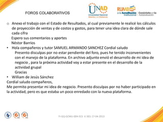 FOROS COLABORATIVOS
FI-GQ-GCMU-004-015 V. 001-17-04-2013
o Anexo el trabajo con el Estado de Resultados, al cual previamente le realicé los cálculos
de proyección de ventas y de costos y gastos, para tener una idea clara de dónde sale
cada cifra
Espero sus comentarios y aportes
Néstor Barrios
• Hola compañeros y tutor SAMUEL ARMANDO SANCHEZ Cordial saludo
Presento disculpas por no estar pendiente del foro, pues he tenido inconvenientes
con el manejo de la plataforma. En archivo adjunto envió el desarrollo de mi idea de
negocio , para la próxima actividad voy a estar presente en el desarrollo de la
actividad grupal
Gracias
• William de Jesús Sánchez
Cordial saludo compañeros,
Me permito presentar mi idea de negocio. Presento disculpas por no haber participado en
la actividad, pero es que estaba un poco enredado con la nueva plataforma.
 