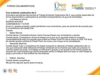 FOROS COLABORATIVOS
Foro ambiente colaborativo No 2
Estimados estudiantes bienvenidos al Trabajo Ambiente Colaborativo No.2, aquí podrán desarrollar de
forma argumentativa y participativa la actividad correspondiente a la guía de actividades.
• Luis Aldemar García
BUENAS NOCHES
COMPAÑEROS Y TUTOR
Envió mi aportes al trabajo, estaré pendiente a sus comentarios, para así ponernos de acuerdo para
lo consolidación del trabajo final.
Gracias
• Néstor Barrios
Cordial saludo, Compañeros Anexo Lienzo Canvas Espero sus comentarios y aportes
Cordial saludo, Compañeros. Anexo el trabajo con lo que se ha aportado hasta el momento .
Lamentablemente está muy pesado para subirlo en Power Point Por eso lo anexo en PDF. Por favor,
los demás aportes subirlos en Power Point, los reviso y los incluyo en la consolidación
• Alexander Martínez
Cordial saludo Tutor y compañeros He estado revisando lo referente al trabajo colaborativo No 2 y
veo que cada quien esta realizando el trabajo individual con la empresa que cada uno propone, lo
cual me queda una duda, si el trabajo es individual o grupal y si es grupal no nos hemos puesto de
acuerdo con cual empresa que hemos propuesto vamos a trabajar para así hacer un solo trabajo en
grupo y por ende un solo análisis de una empresa
• William Sánchez
Cordial saludo compañeros,
Me permito adjuntar aporte sobre el starup.
FI-GQ-GCMU-004-015 V. 001-17-04-2013
 