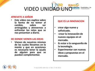 VIDEO UNIDAD UNO
FI-GQ-GCMU-004-015 V. 001-17-04-2013
ATREVETE A SOÑOR
• Este video nos explica sobre
la forma de no temer al
cambio, sobre ser
arriesgados y atrevernos a
enfrentar los retos que se
nos presentan a diario.
DE DONDE VIENEN LAS IDEAS
• Vienen de nosotros mismos
de las cuales llevamos en la
mente y que en ocasiones
es necesario tener la ayuda
de alguien para que se
puedan complementar.
QUE ES LA INNOVACION
• crear algo nuevo y
sofisticado.
• -crear la innovación de
nuevos equipos en el
mercado.
• Es estar a la vanguardia de
la tecnología.
• Experimentar con nuevas
ideas y propuestas en el
mercado.
 