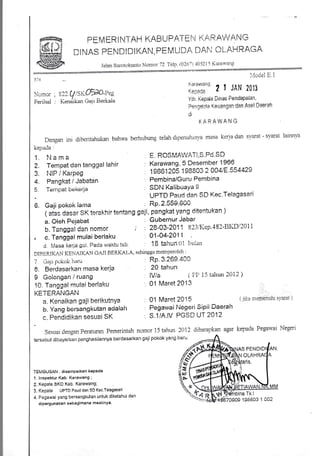 dl rELXER11TA1-{ KA.BUPATr-I{ rI.iRAWA.[d.j
iru Di|JAS P=I.JDIDII{AI'J, P=FIUDF. DAi'i OiAF]RACP.
1I+r&F.!4t
rW
qffi .Talan sr*otok'rurt. I'Jomor 72 Telp (026"1 4052I i Kara*'ir:rs
l,'iociel F,.l
5:4
,li,rr':iii : lill. ( J,' -S!,..DD-Ptl"t ---
Penhai : Kenrjrkan Gatr Berkaia
Dengan ini dibcrltahu-kan bahirya
RcPilucl
i. i.,!ama
2. TemPat dan iangqal la.hit'
3. ldiF i Kai'Peg
4. Pangkat / Jabatan
:
Tetnpat bekeria
r c. Tanggal mulai berlaku
d. h4asa l'lerja goi. PaCa waktu isb'
);li:"q zl rAN tot3
Yih. i(epc!a Drnas PendaPatan,
Penrelcla KeLtangan dan Aset Daei'ah
ft
Ui
KARAWANG
berhi-rbung telah cirl:enuiill1'a masa ke:na clan s)'arat - s]'arat latrrnva
E. ROSMATVATI,S.Pd.SD
: Karawanq, 5 Desember 1966
19661 2C5 198803 2 0048.554129
: Pembina/Guru Pembina
SDN KalibuaYa li
UPTD Par-rd dan SD Kec,Telagasari
01-Q4-2011
: 18 tahun0l l"'uian
6. Gaji pokok lanra : RP.2'559'600
f aias dasar $K tepakhlr tentang gaji, pangkat yang ditentukan )
a. Oleh Pejabat : Gubernur Jabar
h. Tanggaiden nomor i : 28-03-2011 823,t'-ep.4g2-BKD/2ALL
DIBERIKAII KENAIIL{N GAll BERkAl,A, seluflgga menrperoleh :
7. Gali pi:kok baru
L Berdasarkan masa kerja
I Golongan,l ruang
10, Tanggal mulai herlaku
KETERANGAT{
a. Kenaikan gaj! berlkutnya-
b. Yang bersangkutan adalah
c. Pendldikan sesua! $K
Sesuai denganPeraturan Pernerintah nomor 15 tahun 2012
tei'sebut dibayai*an penghasiiannya berciasarkan gaii pokok yang baru'
: Rp.3.269 4S3
: 20 tahun
lVla i iri' i:: taltuti 20i2 )
: 01 [4aret2013
: 01 lVlaret 2015 (-lua ni:rnentfir s1'ara1 )
; Pegawai l.legeri SiPii Daerah
: S.1/A.lV PGSD tJT 201?
diharapkan agar kepada Pegawai Negeri
TEiviBtJSAN ; disamPaikan kePada
1. lnspektur Kab. Karawang ;
2. Kepala BKD Kab. Karawang;
3. Kepala UPTD Paud dan SD K-ec.Telagasari
4. Pega'*ai yang bersangkuian ur,tuk diketahui dan
dipergunakan seba gimana mesiinya'
rc86A31 AO2
Tk.l
 