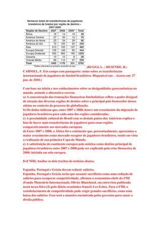 (RUGGI, L. ; RESENDE, R.; 
CARNIEL, F. Em campo com passaporte: notas sobre as transferências 
internacionais de jogadores de futebol brasileiros. Disponível em: . Acesso em: 27 
jun. de 2010.) 
Com base na tabela e nos conhecimentos sobre as desigualdades geoeconômicas no 
mundo, assinale a alternativa correta. 
a) A concentração das transações financeiras futebolísticas reflete o poder desigual 
de atração das diversas regiões de destino sobre o principal país fornecedor desses 
atletas no contexto do processo de globalização. 
b) Os dados indicam que, entre 2007 e 2008, houve um crescimento da migração de 
jogadores brasileiros para cada uma das regiões consideradas. 
c) A proximidade cultural do Brasil com os demais países das Américas explica o 
fato de haver mais transferências de jogadores para essas regiões 
comparativamente aos mercados europeus. 
d) Entre 2007 e 2008, a África foi o continente que, percentualmente, apresentou o 
maior crescimento como mercado receptor de jogadores brasileiros, tendo em vista 
a realização de sua primeira Copa do Mundo. 
e) A substituição do continente europeu pelo asiático como destino principal de 
jogadores brasileiros entre 2007 e 2008 pode ser explicada pela crise financeira de 
2008, iniciada em solo europeu. 
8-(UNIR) Analise os dois trechos de notícias abaixo. 
Espanha, Portugal e Grécia devem reduzir salários. 
Espanha, Portugal e Grécia terão que assumir sacrifícios como uma redução de 
salários para recuperar competitividade, afirmou o economista-chefe do FMI 
(Fundo Monetário Internacional), Olivier Blanchard, em entrevista publicada 
nesta terça-feira (2) pelo diário econômico francês Les Echos. Para o FMI, o 
restabelecimento de competitividade pode exigir grandes sacrifícios, como uma 
baixa dos salários. Essa será a maneira encontrada pelos governos para sanar a 
dívida pública. 
 