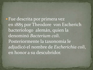 Fue descrita por primera vez 
en 1885 por Theodore von Escherich 
bacteriologo alemán, quien la 
denominó Bacterium coli. 
Posteriormente la taxonomía le 
adjudicó el nombre de Escherichia coli, 
en honor a su descubridor. 
 