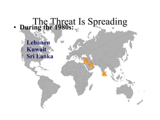 The Threat Is Spreading
• During the 1980s:
 Lebanon
 Kuwait
 Sri Lanka
 