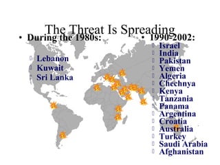 The Threat Is Spreading
• During the 1980s:
 Lebanon
 Kuwait
 Sri Lanka
• 1990-2002:
 Israel
 India
 Pakistan
 Yemen
 Algeria
 Chechnya
 Kenya
 Tanzania
 Panama
 Argentina
 Croatia
 Australia
 Turkey
 Saudi Arabia
 Afghanistan
 