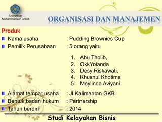 Produk
Nama usaha : Pudding Brownies Cup
Pemilik Perusahaan : 5 orang yaitu
Alamat tempat usaha : Jl.Kalimantan GKB
Bentuk badan hukum : Partnership
Tahun berdiri : 2014
Studi Kelayakan Bisnis
Universitas
Muhammadiyah Gresik
1. Abu Tholib,
2. OkkYolanda
3. Desy Riskawati,
4. Khusnul Khotima
5. Meylinda Aviyani
 