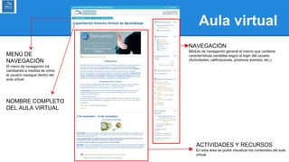 Aula virtual
NAVEGACIÓN
Módulo de navegación general el mismo que contiene
características variables según el login del usuario
(Actividades, calificaciones, próximos eventos, etc.).
ACTIVIDADES Y RECURSOS
En esta área se podrá visualizar los contenidos del aula
virtual.
MENÚ DE
NAVEGACIÓN
El menú de navegación irá
cambiando a medida de cómo
el usuario navegue dentro del
aula virtual
NOMBRE COMPLETO
DEL AULA VIRTUAL
 