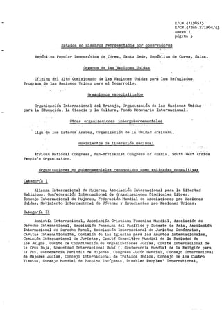 Estados no rniembros representados por observadores
E/CN.4/i985/3
E/CN,4/Sub.2/1984/43
Anexo I
página j
RePública Popular DemocrátiC·a de C6_rea, Santa Sede, República de Corea_, Suiza ..
Organos de las ·Na·ciones Unidas
Oficina del Alto Comisionado de las i'faciones Unidas par.9. los Refugiados,
Programa de las Naciones Unidas para el Desarrollo.
Organismos especializados
Organización Internacional del Trabajo, Organización de las Naciones Unidas
para la Educac;:ión, la Ciencia y la Cultura, Fondo Monetario Internacional.
Otras organizaciones intergubernamentales
Liga cl,e los Estados' Arabes·, Organización de la Uriidad Africana ..
i"lovimientos de liberación nacional
African National Congress, Pan-Africanist Cong·ress of Azania, South t'ilest Afriéa
People's Organization.
Organizaciones no gubernan1entales reconocidas como entidades consultivas
Categoría I
Alianza Internacional de Mujeres, Asociación Inter•nacional para la Libertad
Religiosa, Confederación Internacional de Organizaciones Sindicales Libres,
Consejo Internacional de t-Jujere1J, Feder'ación f"lundial de Asociaciones pro Naciones
Unidas, Movimiento Internacional de ,Jóvenes y Estudiantes pro Naciones Unidas.
Categoría II
Amnistía Inter11acional 1 Asociación C!:"istiana Femenina Mundial, Asociación de
Derecho Internacional, Asoci.ación Femenina del Pacífico y Sudeste de Asia, Asociación
Internacional de Derecho Penal, Asociación Internacional de Juristas Demócratas,
Cl.'lritas International~.s, Comisión de las Iglesias para los Asuntos Interr,acionales,
Comisión Interr1acional de Juristas, Comité Consultivo l"Jundial de la Sociedad de
los Amigos 1 Coinité de Coordinación de Organizaciones JldÍas, Comité Internacional de
la Cruz Roja, Comunidad Internacional 13ahá '° í, Conferencia l"lundial de la Religión para
la Paz, Conferencia Panindie. de l1ujeres i Congreso Judío f'1undial, Consejo Internacional
de !"lujeres Judías, Consejo Internacional de 1'ratados Indios, Consejo de los Cuatro
Vientos, Consejo Mundial de Pueblos Indígenas, Disabled Peoples' International,
 