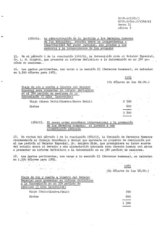 E/CM .1+/19d'.)/ j
E/CN.l¡./.Sub.2/l)l84/43
Anexo II
páf~ina 5
1984/11. La adminifitra~tón de la ~cia y los derechos humanos.
dé los detenict·os: e~~~ sobl"e 'la independencia e
imparcialidad del ·p9_q!:!,___jl!dicialJ los jurados y los_
asesor0s y la independG-ncia de los abogados
----~----~ ··--··
15. En el párrafo 1 de la 1~esolución 1984/11, la Subcomisión pide al Relator Especial~
Dr. L. i'-1• .'3inghvJ,. q1Íe presente ou inf_orme definit.:tvo a la Subcomisión en su )Un pe~
ríodo do sesiones •..
16. Los gastos pertinentes, con cargo a la sección 2J (Derechos huinanos), se calculan
en 3~300 dÓlar•ef! para 1985.
!la:je de ida y vtielta a Gin0~-~.!..J~lato.r.
E;:;peci*~l P.~ntar~~~~?_,2..~.!2::i tivo_
en el 3[32 período de sesiones de la ·':-:oro- H~~----·n~>
Subcomision (5 di.as laborablesJ.
Viaje (l~ueva Delhi/Ginebra/Nueva Delhi)
Dietas
1905
( r;n dÓlar,30 de los Ea~. UU. )
2 '/00
600
3 300
19B4/15. El nuevo orden económico inter-nacional y la promoción
de los derechos humanoo: 1~! dGrecho a una
alimentacion adecuada
17. En virtud del Pcírrafo 1 de la resolución. 1984/15, la Comisión de Derechos Humanos
recomendaría al Consejo Económico_ ·y Social que aprobara: un proyecto de resolución por
el que pediría al:- Rela ta1• f!:spec±á·i, ,Sr. Asbj(tlrn .Eide 1 que prosie;Uiera su labor acerca
del estudlo sobre el ·cter.eéúó a· uÍ'l.a alimentación adecuada como deriecho huinano co11 iniras
a presentar su informe d~finitivo a la Subcomisión en su j8f.! período. de sesio11es.
18. Los gastos pertinentes, con cargo a la·sección 23 (Derechos humanos.}, se calculan
en 1.)00 dólares para 1985~
.Y,_iaje de ida y vuelta a Gineb1~~j~~-~~"..
Especial para resentar su infori;¡,c: definiti"Vo
a la Subcomisión en 13U 3 'Q período de --·--
Sesrñi1éS(5.dta"Slab0r~-·
Viaje (Oslo/Ginebra/Oslo)
Dietas
1985
(Eri ·d.61ares de los :EE~U'rJ.·)
700
600
1 300
 