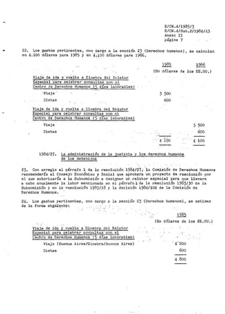 E/CN.4/1985/3
E/CN.4/Sub.2/1984/43
Anexo II
página 7
22. Los gastos pertinentes, con ~argo ·a la sección 23 (Derechos hl.,lmanqs), se calculan
en 4.100 dólares par0. 1985 Yen ·4~·100 -dólares ·para· 1986. · -
V,iaj:e d.e ida y' vtÍel'ta a Ginebra del Rnlator
Espec_ial para celebrar consultas con el
Centro de .D~rechoS Hu·manos .l~ días laborables)
·' ~.r1a·j e '
Dietas
"- _, ...
Viaje de ida y vuelta a Gine!Jra d'el Relator
Especial para celebrar consultas con el
Centro de Derechos Humanos (5 ctias laborables)
Viaje
Dietas
(En dólares de los EE.UU.)
3 500
600
4 100
3 500
.600
4 100
1984/27. La administración de la justicia y los derechos humanos
de los detenidos
23. Con arreglo al párrafo 1 de la resoluCi_ón 1984/27; la Comisi-ón de Dere.chos Humanos
recomendariía al Consejo Económico y Social que aprobara un -pro.yeCto de -resolución por
el que autorizaría a. la Subcomisión a desianar un relator> -especial paria que lleva.ria
a cabo anualmente la labor mencionada en el párrafo l de la resolución 1983/;o de la
Subcomisión y en la· resolución 1983/18 y la decisión 1984/104. de la Comisión de
Derechos Humanos.
24. Los gastos pertinentest con cargo a la sección 23 {Derechos humanos), se estiman
de la forma sig¡Ái:~nt$ }_
Viaj.e_ de ida. Yvuelta· a 'Ginebr~ ·9el Relator
Especia:l paria celebrá.r c;:onSultas cbn el
Centro de Derechos Hl!iianos_· (5 dÍ?S laboÍ"ables)
Viaje (Buenos Aires/Ginebra/Buenos Aires)
Dietas
1985
{En dólares de los EE.UU~)
. 4' 200
600
4 800
 