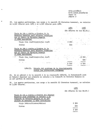 E/CrJ .41198513
EICN .4/Sub .211984/43
Anexo II
página 9
28. Los gastos pertinent.e$ i- Qon.. cqr:-gp: .a la ~e9ción 23 (Derechos humanos}, se calcula11
en 4.500 dólares para 1985 y en 4.500 dólar-es para 1986.·
Viaje de ida y vuelta a Ginebra d8 la
Relato1~a Especial para celebrar cons-Ul tas
con eJ,_ Centl"o di'= Dere9hos Hutnanos
(5 dias-laborables)
·. V..iaje (San José/Ginebra/San· José)
Dietas
Viaje de .i.-aa..Y vµe:J,t'°ª ..C!.:.!J..inebra de la
Relatora Especial para- -celebrar ·consult8.s
con el Centro de Derechos Humanos
( 5 <l-Íqs laborables)
·  :i· · · Vlaje {San José/Ginebra./Sa11 José)
Dietas
.' "¡!-
1986
-{En dólares de los EE .• UU.}
3 900_'
600
,·3 900
600
4 500
1984./35- Estudio del problema de la disc1~iroinación
contra las poblaciones indígenas
29. En el párrafo 4 de la sección A de la resolución 1984/35, la Subcomisiór1 pide
al Relator Especial que presente su estudio a la Comisión de Derechos Humanos en
su 41Q período de sesiones.
30~ Los gastos pertinentes, con cargo a la sección 23 {Derechos humanos), ee calculan
en 3.500 dólares.
Viaje de ida y vuelta a Ginebra del nelator
Especj.al para presentar su estudio a la
Comisi6n de Derechos Humanos en su 419
período de sesiones ( 5 días labor•al;les)
Viaje (l"léxico/Ginebra/I'1éxico)
Dietas
1985
(En dólares de los EE.UU.)
2 900
600
3 500
 