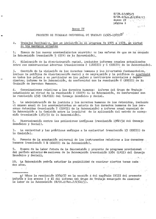 lne~[O IV
EICN.4/198513
E/CN.4/Sub.·Z/1984143 ·
Anexo IV
página l
PílOYECTO D8 Pf:OGRAl·JP, OUiilQUi!.:H.fl.L DlZ 'i'ílABAJO (19135··1939)~/
I1.. Traba.joS fiabi'tt.ial-~3, ·que ne iii.cllii1~ó'n·;--en· e1 ·Pr·ogra~ua .áe 1905a'"19U9, .en ·virtud
de los mandatos actuales
l. ExamCn de lotJ nuevoo aconteciiili-entos ocurrido;: on las esfel."'as de que se ha ocupado
la Subuomisión (resolución 5 (XIV) de ..la S_ubcomisión).
(~. Eliminación de la d:J.scrin1inación racial, incluidos informes anua.les actualizados
Sobre i:;us coii'se~uencias 8.dveroas (re8oltlciones 2 (XXXIII) y G (XX'.KIV) de la Subco111isión).
:). Cuestión de la violación de lo/J derechos litnnanos y l·<'.l.;.1. libcrtade.$ ft.iridan1ental~s,
inclu.30 la política de disc¡_~itninaci6n racial y de fJec;;ret.::ilción y la política d0 apartheid
en todos los paízes y en particular en los µaíseG y terri l~orios coloniales y d.apen-
die11tes; informe de la Llubco111i3iÓn, de confor1nidad con la resolución 8 (XX,III) de la
Cotilisión de Derechov !Iumanos. ·
4. Comunicaciones relativaEJ a los derechos huülanos: informe del Grupo cl-e 'l'rabajo
establecido e11 virtud de la re.<Jolución 2 (XXIV) d0 la Subcomisión, de conforinidad 0011
la resolución 1503 (XLVIII) del Consejo E:conó;oicu y .Social.
5. La adrn.inistración de la Justicia ~' los dct•echos huma11os de los detenidos, incluido
(::1 examen anual d~ los acontecimientos en ~11atcria de los derechos 11.umanos de las per~·
so11as detenidas (resolución 7 (~~XVII) de la Subcoinisió11) e informe anual ·especial de
la Subcomisión a la Comisión sobre la legalic1~.;.d de la aplicación del estndo de e~~cep=
ción (r<3uolución 1)8)/30 de ln. Subcomi:.'liÓn}.
6. Disct"iminación contra las pobl.::i.cionr;s indígenas (renolución 1982/34 del Consejo
Econón1ico y Social). ,
?• La esclavitud y las pl"ácticas análogas a la esclavitud (resolución 13 Cl.CXIII) de
la Cori1isión).
8. Fomento de la aceptación u11irersal de los instpumentos relativos a lOs ·de:r.echos·
t1t11,1anos (1~csolución 1 B (X)CX!!) de la Subcomisió11).
9. E::an1en de la labor futura de la SuUcoraisión ;/ proyecto de pr>a:grama: provi,sional
del pe1qíodo ulter•iorde sesiones de la. Subcomisió11 (r·esolt1ción 198,i (LVI·I) del Conse"jo
Econón1ico y Social}.
. .... ,
J.O. La Subcom.isión podría estudiar la posibilidad de cxaE1i11ar ciertos te!nas cada·
do:J años.
a/ Vé8se la resolución 1934/37 en la sección ti d~l e:ap;Ltulo XVIII del pre.s.e11te
inforITie ·y los anexos I y II del i11fot"1ne del Grupo de Tr3:b.aj'o encargado de e)Uililinar
la labor de la Subcoinisión (E/CH.4/Sub.2 /1904/J).
 