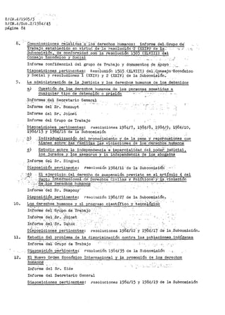 E/CN .411985¡3·
E/CN.4/Sub.2/1964/43
página 84
e·. .COmllnicaCiones r6iál.1,J-aS 'a-- los"' dei"e.ci-hos humanos-:' i-nf'orme del·.-Grupo_ .<le
a/ •
Trabajo establecido en virtud de· li resólucii6rl ·-2 ·(XXIY~~--- d·3 la·---· --~,
Subcomi.sión, de conformidad con la resoluci6n 1203 (XLVIII) del
Consejo Econ6mico y Social - _ · _
Informe confidencial del grupo de Trabajo y dq.cur(l$nto~. ~l:~ .~PQYCl__
pisposiciones pertinentes: Resó'iu.ci~O 1;5,03 .--(J~I,.V_I},:I_)_ ~-el.;C,,?~S~~o.-·Económico
y Social y resoluciones 1 (XXIV) y 2· (XXIV)_ de la Sub_comision~
La adminiatraci6n de la justicia y los dereQhos humanqs de los .detenidos
Cu:estiór;i.; de lQs .derechos. humanos. de las pel:;'.sonai:r sometidas a
cual·~uie~ -tipo -de detención ~ ¡)risi6n · ·'
·.L-i.formas -d·ei Secretario General' ...., . ··-.-- ..·-.... ·.--·:.
Informe del: Si"~· Bos·suyt
Informe del sr. Joinét
Informe del Grupo de Trabajo
·Disposiciones.·pe~tinentes: resoluciOnes 1984/7, 19,~4/8,._ ~984(~_; l-Q84/lü,
1984/13 y 1984¡16 de la Subcomisión
. ;]?_) .:, Indiy_$d:Jailizac,iQn .O.el. Pl.""~cedimierÍto" y de la pe"Qa 'y reeercuSiónes _9.UC!
tierieri sób-Pe' J::af:i '·-ffuílií:Li;as-. ·1as. vióléii;!ibnes de los-';der.eQhOs huihcinos
~) Estudio sobre la indepe0-dencia ·~-- impS.rcialida_d .. d~i; p0def:·. judicial,
los jurados y los asesores y la indepencteriCia" de loS atiogadóS
.J;nform~. d<;il Sr. Sin.r?;hvi
D":i.sposición Pért.inente: resol'.-Ició'._n 1984/11 ·de ·la-' SU-bcomis.i.O:!i
':d)" El- ejercipio-: -del derecl10 de. &uspensión previsto en .el_ artículo 4 del
·;-:: : ·- _·P:.ac:to Iiitérinae-icn.a-1 ...cte- Der-echós: CiviJ.ió¡S· y Políticos:'• y-1.?.·. violación
.-· .. '-~-, :.a.E'l'--~los:-·cter.echOS hi..1fuanas, -
Informe ...dél Si..,. Pe-Spóuy-··
DisposiQión_ per;tine:nte: ;~e.<:10.lución 1984./27 de la .S.ubcomisión_.
10~ Lqs derechos humanos y el prog~"eso científico y ·t~ói1~16gi~4--_., .•.. - -'· 1'.
Irtt·orme; del' .:-e;~:po.. de· 'Tr4_,~aJ·a · ·
Inf'oi->me 9-~l_):.tr ...'Jio:i;net., -
inf~rme::,d~):.'S·ri·~ D9,há:k.
ois·P~sicione.S pertinéntes: re.soluciones 1984/12 y _19.:34"¡17 el.e ia .Sllbcomisión..
11.. Estudio del problema de la discriminación contra las·pcblacione.e.indígenaa
,,. '
Informe ·del: G·rUpo de trabajo
·Dis_posición ·pér-'t,:iriéttte:· r~~oluci'ón 1954/35 -<te la S11bcomi,&ión
12. El Nuevo Orden Económico Internacional y· la promo-c:iQ'n de .lo_s_ dar.echos
huma.nos
Inf'orme del Sr~ Eide
Informe del Secretario General
Disposiciones pertinentes: resoluciones 1984/15 y 1984/19 de la Subcomisión
 