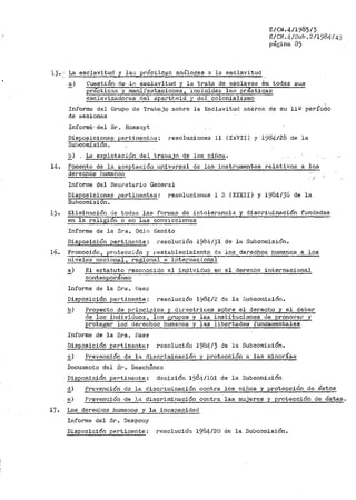 lj., La .esclavitud y la,:; )1°áct:i:C;f;l[i análogas a la ef;1clavitud
-. ... - . - .. - - '·· ..
E/CN.4/1985/3
E/CN .4./Sub. 2/19C4/43
página 85
~) Cuest·i6n..de-·lf-¡. é&clavitud y la trata de e8clavo~1 On todas sus
practicas y manifestaciones, incluidas las practicas
esclavtz<ldc.)'PaSdel apartheid y del colonial;is1110
Informe del Grupo de Tr8-ba,io sobre la Esclavitud acerca de su llQ período
de sesiones
Informe· del Sr. Bossuyt
Disposiciones pertinent~~1::1; resoluciones 11 (XXVI!) y 1984/28 de ·1a
Subcomisi6n.
E_) . La. explotación de], trabajo de los nifioi:..
14. Fomento de la. a.ceptaci611 ttniversal de los instrumentos relativos a los
derechos humano~;
Informe del Sect'et.ar-io General
Dispostciones pertinentes: resoluciones 1 3 (XXXII) y i984/3G de la
Subcomisión.
15. Eliminación de todas las for1nas de intoler•ancia y discPir,1inación fundadas
en la religión o en las convicciones
Informe de la Sra. OdJ.o Benito
Disposición pertinente: K'eso!t1cit~n 19b4/jl de la Subcorilisión.
16. Promoción, protección y l'establecirniento de los derechos humanos a los
ni•teles nacional• regional ~? internacl anal.
_,_) El estatuto reconocido al individuo en el derecho internacional
Conte1nporáneo
Informe de la Sra. D<>.ez
Disposición pertinente: resolución 1984/2 de la Subco1nisión.
!?_) Proyecto de principios y directrices sobre el derecho y el deber
de los ind).viduo3, lo~ H;!'Upos y las instituciones de prorriover ~
proteger los rlerechos humanos y las libertades funda1nentales
Informe de la Sra. llaes
Disposición pertine11te: resoluci6n 1984/3 de la Subcom:i.sión •
.;::_) Prevención de la discriminación y protección a las 1ninorías
Doc11rnento del Sr.. Desch@ncs
DiSJ20f:lición pertinente: de.cisión i981j./101 de la Subcomit:iión
~) Prevención de la disc1'iminEtción contra los niños y protección de éstos
!:_) Pi•even".!iÓn de J.a discriminación contra las mujeres y protección de éstas.
17. Los derechos humanos y la inca.µacidacl
Informe del Sr. Despouy
Disposición pertinente~ resolución 1984/20 de la Subcomisión.
 