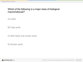Free to share, print, make copies and changes. Get yours at www.boundless.com
Biological Macromolecules
Which of the following is a major class of biological
macromolecule?
A) Lipids
B) Fatty acids
C) Both lipids and nucleic acids
D) Nucleic acids
 