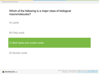 Free to share, print, make copies and changes. Get yours at www.boundless.com
Boundless - LO. "Boundless." CC BY-SA 3.0 http://www.boundless.com/
Biological Macromolecules
Which of the following is a major class of biological
macromolecules?
A) Lipids
B) Fatty acids
C) Both lipids and nucleic acids
D) Nucleic acids
 