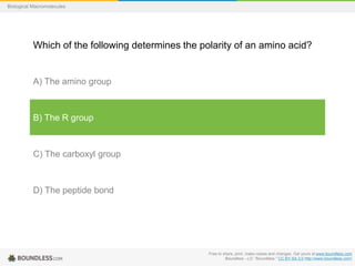 Free to share, print, make copies and changes. Get yours at www.boundless.com
Boundless - LO. "Boundless." CC BY-SA 3.0 http://www.boundless.com/
Biological Macromolecules
Which of the following determines the polarity of an amino acid?
A) The amino group
B) The R group
C) The carboxyl group
D) The peptide bond
 