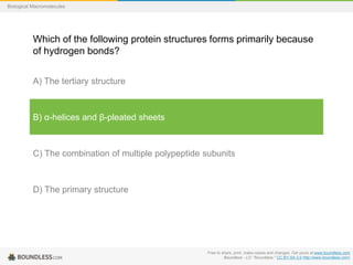 Free to share, print, make copies and changes. Get yours at www.boundless.com
Boundless - LO. "Boundless." CC BY-SA 3.0 http://www.boundless.com/
Biological Macromolecules
Which of the following protein structures forms primarily because
of hydrogen bonds?
A) The tertiary structure
B) α-helices and β-pleated sheets
C) The combination of multiple polypeptide subunits
D) The primary structure
 