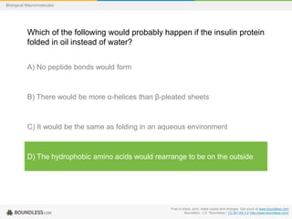 Free to share, print, make copies and changes. Get yours at www.boundless.com
Boundless - LO. "Boundless." CC BY-SA 3.0 http://www.boundless.com/
Biological Macromolecules
Which of the following would probably happen if the insulin protein
folded in oil instead of water?
A) No peptide bonds would form
B) There would be more α-helices than β-pleated sheets
C) It would be the same as folding in an aqueous environment
D) The hydrophobic amino acids would rearrange to be on the outside
 