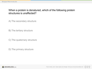 Free to share, print, make copies and changes. Get yours at www.boundless.com
Biological Macromolecules
When a protein is denatured, which of the following protein
structures is unaffected?
A) The secondary structure
B) The tertiary structure
C) The quaternary structure
D) The primary structure
 