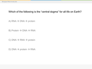 Biological Macromolecules
Which of the following is the “central dogma” for all life on Earth?
A) RNA  DNA  protein
B) Protein  DNA  RNA
C) DNA  RNA  protein
D) DNA  protein  RNA
 