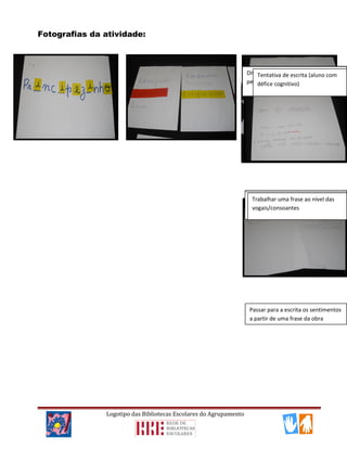 Fotografias da atividade:
Logotipo das Bibliotecas Escolares do Agrupamento
À descoberta das vogais (aluno com
dislexia)
Divisão silábica das principais
personagens (alunos com disgrafia)
Tentativa de escrita (aluno com
défice cognitivo)
Pesquisa do resumo da obra ( aluno
com perturbação emocional)
Reprodução dos planetas visitados
pelo Principezinho
Trabalhar uma frase ao nível das
vogais/consoantes
Passar para a escrita os sentimentos
a partir de uma frase da obra
 