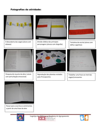 Logotipo das Bibliotecas Escolares do Agrupamento
Fotografias da atividade:
À descoberta das vogais (aluno com
dislexia)
Divisão silábica das principais
personagens (alunos com disgrafia)
Tentativa de escrita (aluno com
défice cognitivo)
Pesquisa do resumo da obra ( aluno
com perturbação emocional)
Reprodução dos planetas visitados
pelo Principezinho
Trabalhar uma frase ao nível das
vogais/consoantes
Passar para a escrita os sentimentos
a partir de uma frase da obra
 