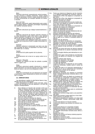 El Peruano
Martes 23 de mayo de 2006 NORMAS LEGALES 243
Muro:
Elemento estructural, generalmente vertical emplea-
do para encerrar o separar ambientes, resistir cargas
axiales de gravedad y resistir cargas perpendiculares a
su plano provenientes de empujes laterales de suelos
o líquidos.
Muro de Corte:
Elemento estructural usado básicamente para propor-
cionar rigidez lateral y absorber porcentajes importantes
del cortante horizontal sísmico.
Viga:
Elemento estructural que trabaja fundamentalmente a
flexión.
Losa:
Elemento estructural de espesor reducido respecto a
su otras dimensiones usado como techo o piso, general-
mente horizontal y armado en una o dos direcciones se-
gún el tipo de apoyo existente en su contorno.
Usado también como diafragma rígido para mantener
la unidad de la estructura frente a cargas horizontales de
sismo.
Pedestal:
Miembro vertical en comprensión que tiene una rela-
ción promedio de altura no soportada a la menor dimen-
sión lateral de 3 ó menos.
Capitel:
Ensanche de la parte superior de la columna.
Ábaco:
Engrosamiento de la losa en su apoyo sobre la co-
lumna.
Ménsula o Braquete:
Voladizo con relación de claro de cortante a peralte
menor o igual a uno.
Pilote:
Elemento estructural esbelto introducido o vaciado
dentro del terreno con el fin de soportar una carga y trans-
ferirla al mismo o con el fin de compactar el suelo.
Zapata:
Parte de la cimentación de una estructura que reparte
y transmite la carga directamente al terreno de cimenta-
ción o a pilotes.
2.2. ABREVIATURAS
Las abreviaturas usadas en esta Norma tienen el sig-
nificado que se da a continuación.
Otras abreviaturas se definen dentro del texto, adya-
centes a las fórmulas en las que aparecen o al inicio del
capítulo correspondiente.
A Area efectiva en tracción del concreto (cm2) que
rodea al refuerzo principal de tracción y que tiene
el mismo centroide que ese refuerzo, dividido en-
tre el número de barras. Cuando el refuerzo princi-
pal de tracción consiste de varios diámetros de
barras, el número de barras debe calcularse como
el área total de acero dividido entre el área de la
barra de mayor diámetro.
Ab Area de una barra individual de refuerzo.
Ac Area del núcleo de una columna reforzada con es-
piral, medida al diámetro exterior de la espiral.
Ag Area total de la sección transversal.
As Area del refuerzo en tracción.
Ast Area total del refuerzo en una sección.
At Area de una rama de un estribo cerrado que resis-
te torsión.
Av Area del refuerzo por cortante.
A’s Area del refuerzo en compresión.
Al Area cargada.
a Profundidad del bloque rectangular equivalente de
refuerzos de compresión en el concreto.
b Ancho de la cara en compresión del elemento.
bo Perímetro de la sección crítica para la fuerza cor-
tante en dos direcciones (punzonamiento).
bw Ancho del alma, o diámetro de una sección circu-
lar, para el diseño por corte.
Cm Factor que relaciona el diagrama real de momento
a un diagrama equivalente de momento uniforme.
c Distancia de la fibra más alejada en compresión al
eje neutro.
d Distancia de la fibra más alejada en compresión al
centroide del acero en tracción.
db Diámetro nominal de la barra.
dc Espesor del recubrimiento de concreto medido des-
de la fibra más alejada en tracción al centro de la
barra más cercana a esa fibra.
d’ Distancia de la fibra más alejada en compresión al
centroide del refuerzo en compresión.
Ec Módulo de elasticidad del concreto.
Es Módulo de elasticidad del refuerzo.
fr Módulo de rotura del concreto (resistencia del con-
creto a la tracción por flexión).
fy Esfuerzo especificado de fluencia del refuerzo.
f’c Resistencia especificada del concreto a la compre-
sión, en kg/cm2. Cuando esta cantidad aparezca
bajo el signo de un radical, el resultado estará en
kg/cm2.
h Peralte total del elemento.
IE Rigidez a la flexión de elementos en compresión.
Ie Momento de inercia de la sección transformada
agrietada o momento de inercia efectivo.
Ig Momento de inercia de la sección total no agrieta-
da con respecto al eje centroidal, sin considerar el
refuerzo.
Ise Momento de inercia del acero de refuerzo respecto
al eje centroidal de la sección transversal del ele-
mento.
K Factor de longitud efectiva para elementos en com-
presión.
l Longitud de la viga o losa armada en una dirección
tal como se define en la Sección 9.5, longitud del
voladizo.
lc Distancia vertical entre apoyos.
ld Longitud de desarrollo o de anclaje.
le Longitud de empalme por traslape.
ln Luz libre del elemento.
l1 Longitud del paño en la dirección en que se deter-
minan los momentos, medida centro a centro de
los apoyos.
l2 Longitud del paño en la dirección perpendicular a
la dirección en que se determinan los momentos,
medida centro a centro de los apoyos.
Mm Momento modificado.
Mu Resistencia requerida con respecto al momento
flector. También denominado momento último o mo-
mento de diseño.
M1 Momento flector menor de diseño en el extremo de
un elemento en compresión. Es positivo si el ele-
mento está flexionado en curvatura simple y es
negativo si está flexionado en doble curvatura.
M2 Momento flector mayor de diseño en el extremo de
un elemento en compresión. Siempre positivo.
Nu Carga axial amplificada normal a la sección trans-
versal, actuando el simultáneamente con Vu.
n Relación entre los módulos de elasticidad del ace-
ro y del concreto (Es/Ec).
Pb Resistencia nominal a carga axial en condiciones
de deformación balanceada.
Pc Carga crítica de pandeo.
Pn Resistencia nominal a carga axial a una excentrici-
dad dada.
Pnw Resistencia nominal a carga axial de un muro dise-
ñado conforme a la Sección 15.3.
Pu Resistencia requerida con respecto a la carga axial
de compresión. También denominada carga axial
última.
Cuantía del refuerzo en tracción (As/bd).
b Cuantía del refuerzo que produce la condición ba-
lanceada.
w As/bwd.
’ Cuantía del refuerzo en compresión (A’s/bd).
s Espaciamiento centro a centro entre estribos.
Tu Resistencia requerida con respecto al momento tor-
sor. También denominado momento torsor último o
de diseño.
t Espesor del muro.
Vc Resistencia nominal a la fuerza cortante proporcio-
nada por el concreto.
Vn Resistencia nominal al corte.
Vs Resistencia nominal a la fuerza cortante proporcio-
nada por el refuerzo.
 