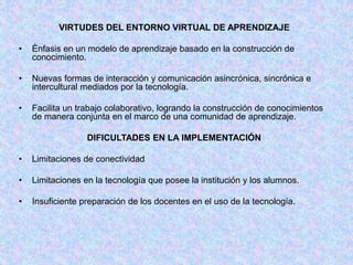 VIRTUDES DEL ENTORNO VIRTUAL DE APRENDIZAJE
• Énfasis en un modelo de aprendizaje basado en la construcción de
conocimiento.
• Nuevas formas de interacción y comunicación asincrónica, sincrónica e
intercultural mediados por la tecnología.
• Facilita un trabajo colaborativo, logrando la construcción de conocimientos
de manera conjunta en el marco de una comunidad de aprendizaje.
DIFICULTADES EN LA IMPLEMENTACIÓN
• Limitaciones de conectividad
• Limitaciones en la tecnología que posee la institución y los alumnos.
• Insuficiente preparación de los docentes en el uso de la tecnología.
 