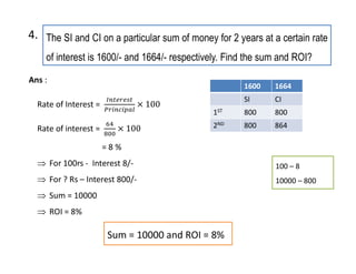 The SI and CI on a particular sum of money for 2 years at a certain rate
of interest is 1600/- and 1664/- respectively. Find the sum and ROI?
4.
Ans :
Sum = 10000 and ROI = 8%
1600 1664
SI CI
1ST 800 800
2ND 800 864
Rate of Interest =
Rate of interest =
= 8 %
 For 100rs - Interest 8/-
 For ? Rs – Interest 800/-
 Sum = 10000
 ROI = 8%
100 – 8
10000 – 800
 