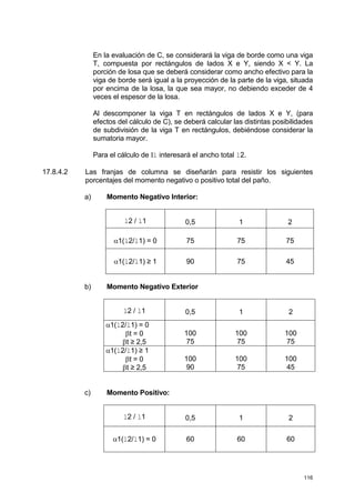 116
En la evaluación de C, se considerará la viga de borde como una viga
T, compuesta por rectángulos de lados X e Y, siendo X < Y. La
porción de losa que se deberá considerar como ancho efectivo para la
viga de borde será igual a la proyección de la parte de la viga, situada
por encima de la losa, la que sea mayor, no debiendo exceder de 4
veces el espesor de la losa.
Al descomponer la viga T en rectángulos de lados X e Y, (para
efectos del cálculo de C), se deberá calcular las distintas posibilidades
de subdivisión de la viga T en rectángulos, debiéndose considerar la
sumatoria mayor.
Para el cálculo de Il interesará el ancho total l2.
17.8.4.2 Las franjas de columna se diseñarán para resistir los siguientes
porcentajes del momento negativo o positivo total del paño.
a) Momento Negativo Interior:
l2 / l1 0,5 1 2
α1(l2/l1) = 0 75 75 75
α1(l2/l1) ≥ 1 90 75 45
b) Momento Negativo Exterior
l2 / l1 0,5 1 2
α1(l2/l1) = 0
βt = 0
βt ≥ 2,5
100
75
100
75
100
75
α1(l2/l1) ≥ 1
βt = 0
βt ≥ 2,5
100
90
100
75
100
45
c) Momento Positivo:
l2 / l1 0,5 1 2
α1(l2/l1) = 0 60 60 60
 
