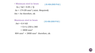  Minimum steel in beam
As / bd = 0.85 / fy
As = 174.09 mm2 ( mini. Required)
Ast > As therefore, ok
Maximum steel in beam
Ast = 0.4 bD
= 0.4 x 250 x 380
= 3800 mm2
804 mm2 < 3800 mm2 therefore, ok
{ IS 456-2000 P.42 }
{ IS 456-2000 P.42 }
20
 