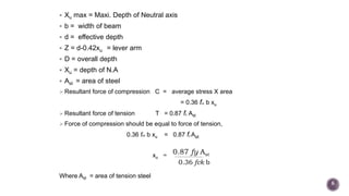  Xu max = Maxi. Depth of Neutral axis
 b = width of beam
 d = effective depth
 Z = d-0.42xu = lever arm
 D = overall depth
 Xu = depth of N.A
 Ast = area of steel
 Resultant force of compression C = average stress X area
= 0.36 fck b xu
 Resultant force of tension T = 0.87 fy Ast
 Force of compression should be equal to force of tension,
0.36 fck b xu = 0.87 fy Ast
xu =
Where Ast = area of tension steel
0.87 fy Ast
0.36 fck b
6
 