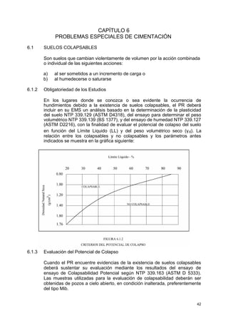 CAPÍTULO 6
PROBLEMAS ESPECIALES DE CIMENTACIÓN
6.1 SUELOS COLAPSABLES
Son suelos que cambian violentamente de volumen por la acción combinada
o individual de las siguientes acciones:
a) al ser sometidos a un incremento de carga o
b) al humedecerse o saturarse
6.1.2 Obligatoriedad de los Estudios
En los lugares donde se conozca o sea evidente la ocurrencia de
hundimientos debido a la existencia de suelos colapsables, el PR deberá
incluir en su EMS un análisis basado en la determinación de la plasticidad
del suelo NTP 339.129 (ASTM D4318), del ensayo para determinar el peso
volumétrico NTP 339.139 (BS 1377), y del ensayo de humedad NTP 339.127
(ASTM D2216), con la finalidad de evaluar el potencial de colapso del suelo
en función del Límite Liquido (LL) y del peso volumétrico seco (γd). La
relación entre los colapsables y no colapsables y los parámetros antes
indicados se muestra en la gráfica siguiente:
6.1.3 Evaluación del Potencial de Colapso
Cuando el PR encuentre evidencias de la existencia de suelos colapsables
deberá sustentar su evaluación mediante los resultados del ensayo de
ensayo de Colapsabilidad Potencial según NTP 339.163 (ASTM D 5333).
Las muestras utilizadas para la evaluación de colapsabilidad deberán ser
obtenidas de pozos a cielo abierto, en condición inalterada, preferentemente
del tipo Mib.
42
 