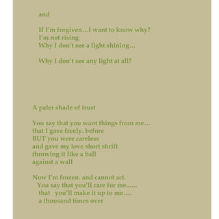 and
If I’m forgiven…I want to know why?
I’m not rising
Why I don’t see a light shining…
Why I don’t see any light at all?
A paler shade of trust
You say that you want things from me…
that I gave freely. before
BUT you were careless
and gave my love short shrift
throwing it like a ball
against a wall
Now I’m frozen. and cannot act.
You say that you’ll care for me...…
that you’ll make it up to me….
a thousand times over
 