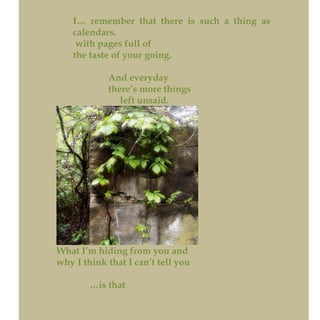 I… remember that there is such a thing as
calendars.
with pages full of
the taste of your going.
And everyday
there’s more things
left unsaid.
What I’m hiding from you and
why I think that I can’t tell you
…is that
 