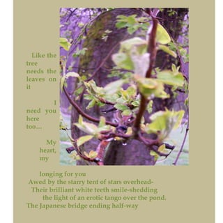 Like the
tree
needs the
leaves on
it
I
need you
here
too…
My
heart,
my
longing for you
Awed by the starry tent of stars overhead-
Their brilliant white teeth smile-shedding
the light of an erotic tango over the pond.
The Japanese bridge ending half-way
 
